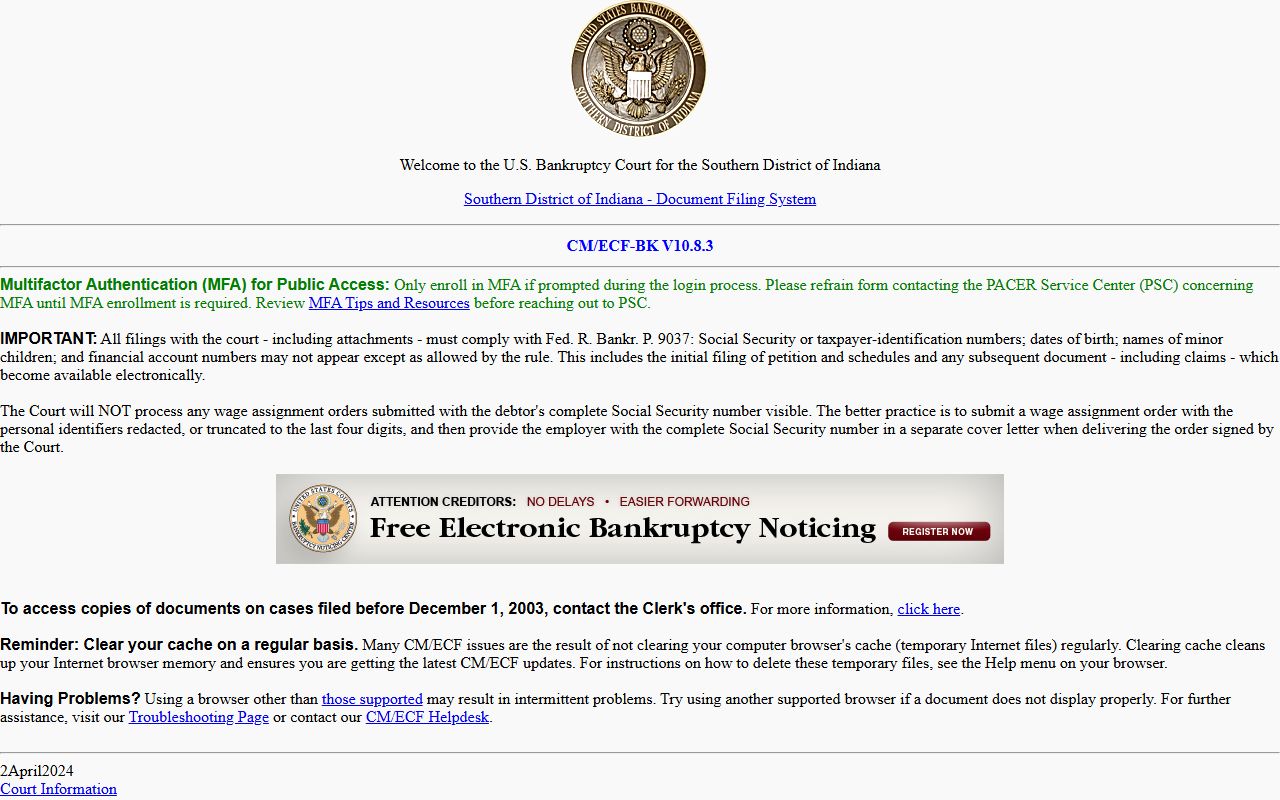 ECF login portal for Southern District of Indiana bankruptcy records
