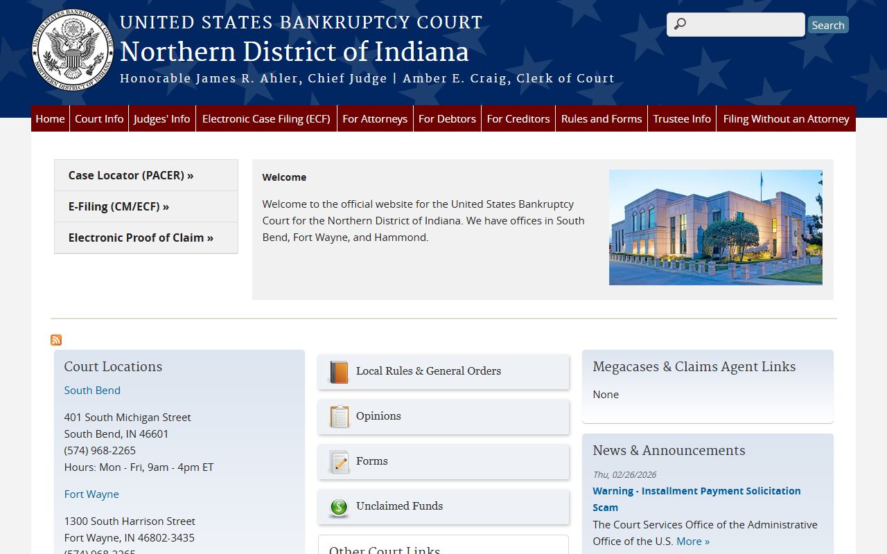U.S. Bankruptcy Court Northern District of Indiana homepage